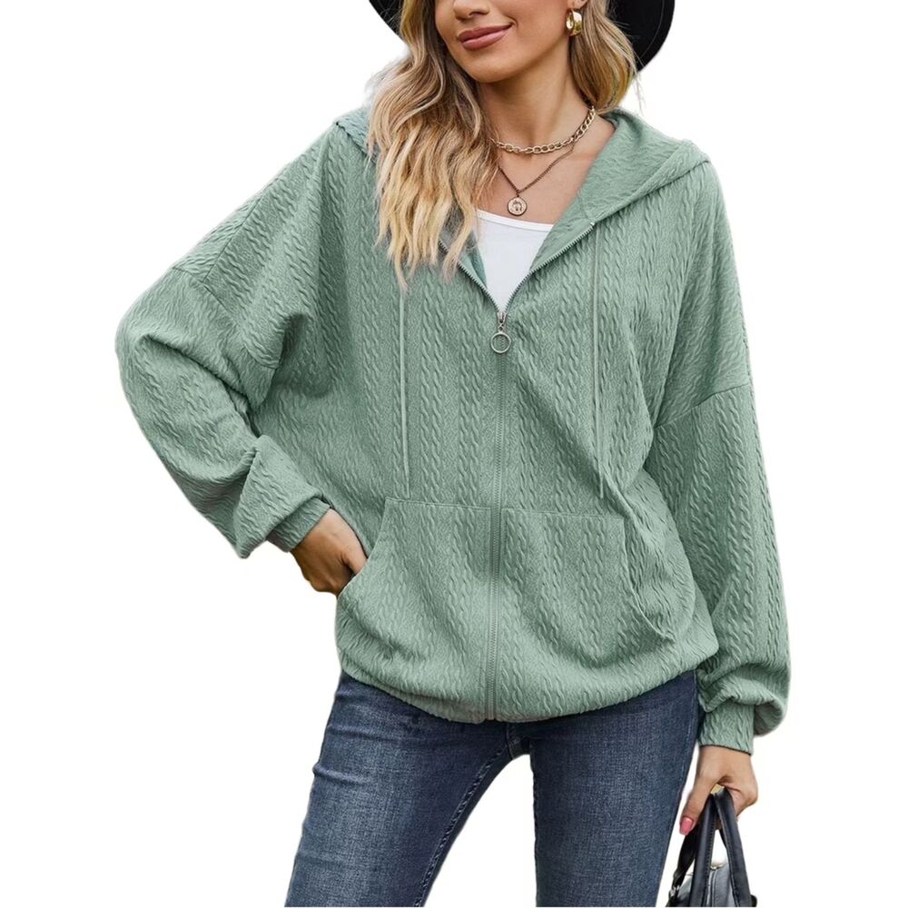 Womens Size XXL Sage Green Cable Knit Jacquard Full Zip Hooded Sweatshirt Jacket